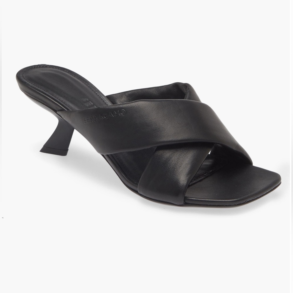 FERRAGAMO Aludra Crossover-Strap Black Heel Sandals